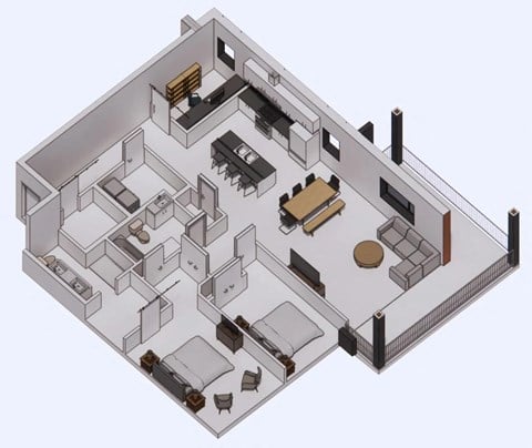 Floor plan for 2 beds, 2 baths, 1597 sqft